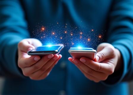 Persona transfiriendo datos entre dos smartphones